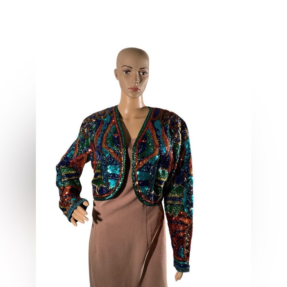 OLEG CASSINI Women's Vintage Embellished Sequined Silk Bolero Jacket Size L